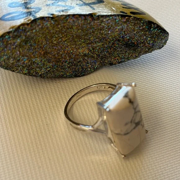 925 Sterling Silver Size 8.5 Marble Square Ring - Picture 6 of 8